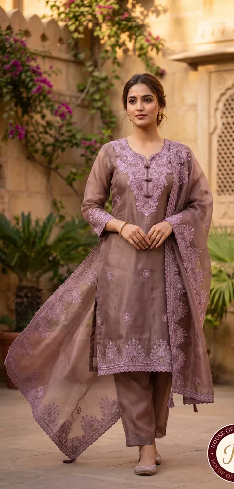 Mauve Sequin Suit Set in a courtyard